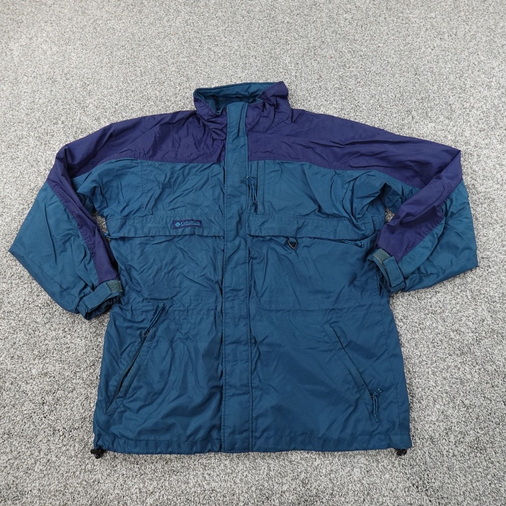 VTG Columbia Jacket Mens M‎ Blue Green Zip Windbreaker Coat Outdoors Hiking Camp